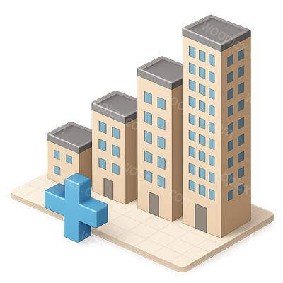 3D Isometric Bar Graph with Buildings and Plus Icon