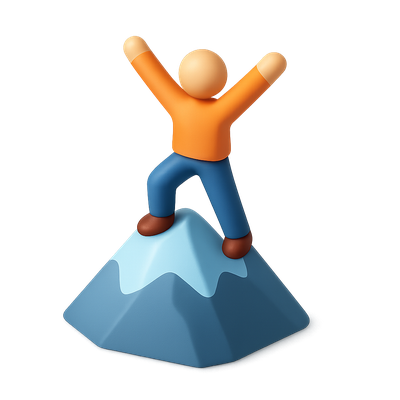 3D Icon of a Celebrating Figure on a Mountain Peak