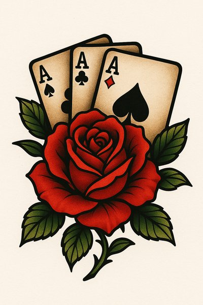 Traditional Tattoo Design Featuring Playing Cards and a Rose