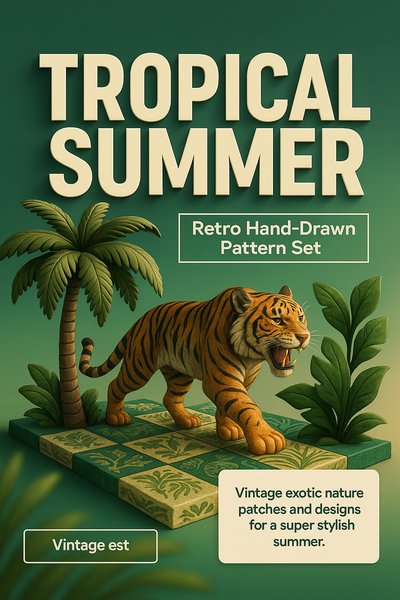 Vintage Tropical Summer Pattern Set with Tiger and Palms