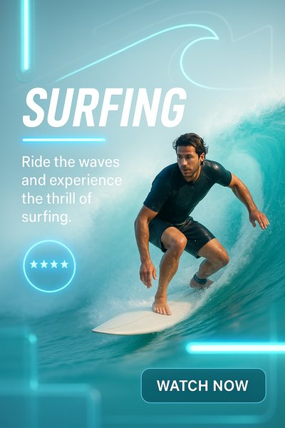 Dynamic Surfing Promotional Graphic Featuring a Surfer