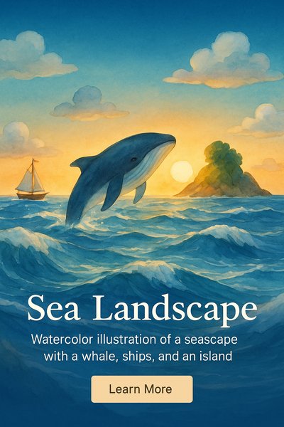 Whimsical Watercolor Seascape with Whale and Island