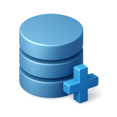Stylized 3D Database Icon with Plus Sign