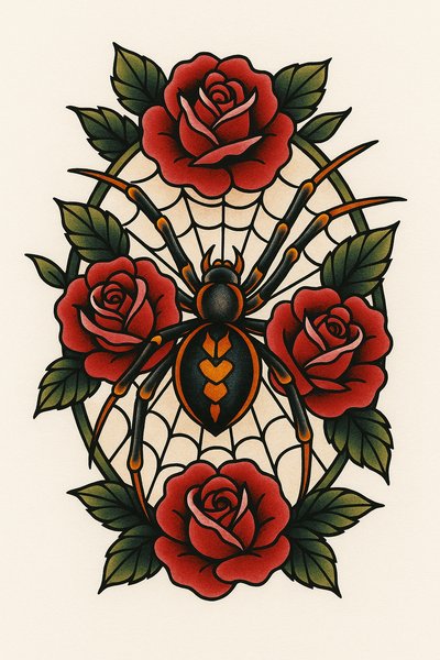 Tattoo Design Featuring Spider and Roses