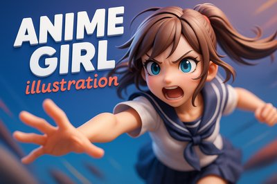 Dynamic 3D Anime Girl Illustration with Bold Typography
