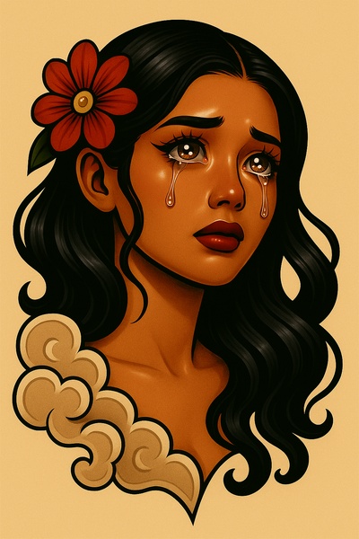 Artistic Portrait of a Girl with Tears and Floral Accent