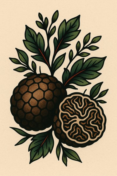 Botanical illustration of textured fruits and leaves