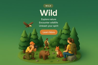 Whimsical 3D Scene of Nature Exploration with Wildlife