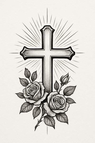 Intricate Cross and Rose Tattoo Design Illustration
