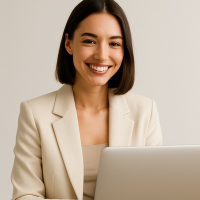 Smiling Woman in Minimalist Style with Laptop