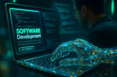 Hyper-realistic Technology Glow in Software Development Scene