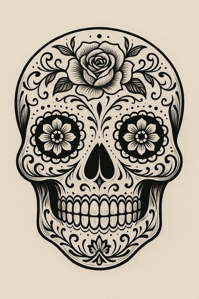 Intricate Black and White Sugar Skull Illustration