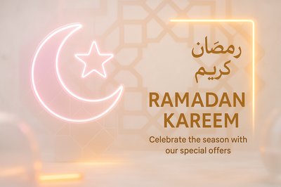 Ramadan Celebration Promotional Graphic with Crescent Moon and Star