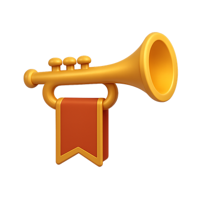 Stylized 3D Golden Trumpet Icon with Ribbon Detail
