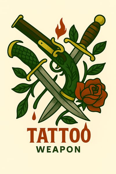 Vintage Tattoo Design Featuring Weapons and Floral Elements