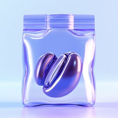 3D Render of Glossy Coffee Beans in Transparent Bag