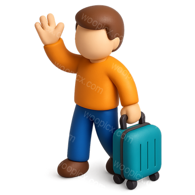 3D Icon of a Traveler Waving with a Suitcase