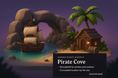 Enchanting Pirate Cove Illustration with Ship and Hideout