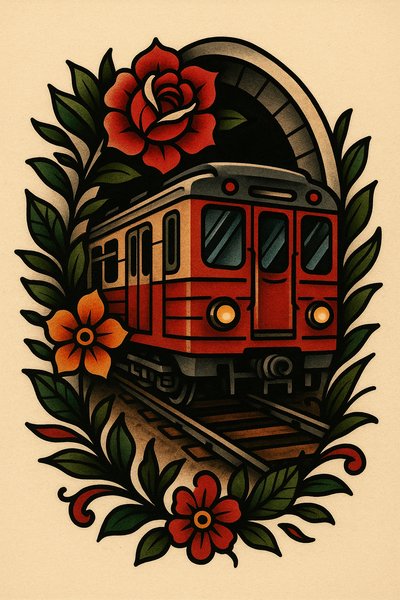 Vintage Train Illustration with Floral Elements
