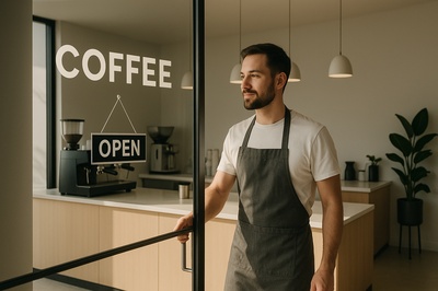 Modern Café Opening with Barista in Minimalist Style