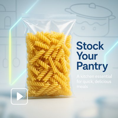 Stylized Product Image of Pasta in Transparent Packaging