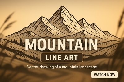 Stylized Mountain Landscape Line Art Illustration