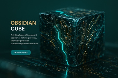 Hyperrealistic Obsidian Cube with Glowing Circuitry and Neon Accents
