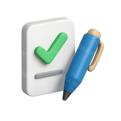 3D Document Icon with Checkmark and Pen