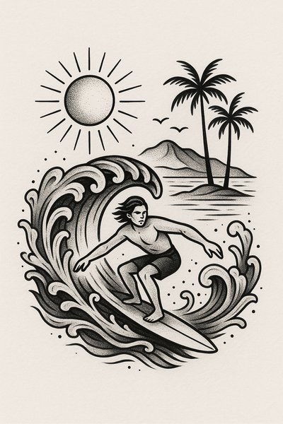 Stylized Surfing Illustration with Tropical Elements