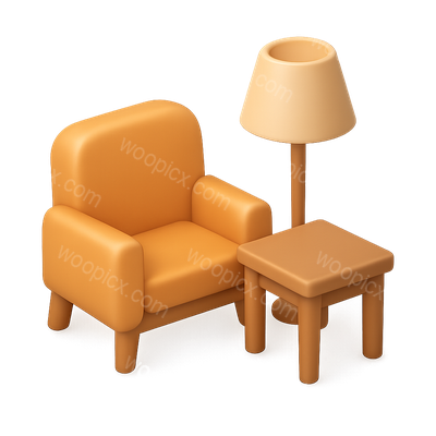 3D Isometric Furniture Icon with Chair, Lamp, and Table