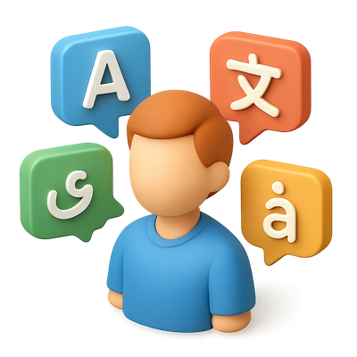 3D Multilingual Communication Icon Featuring Language Symbols