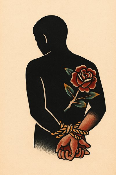 Silhouette with Tattooed Rose on a Beige Background