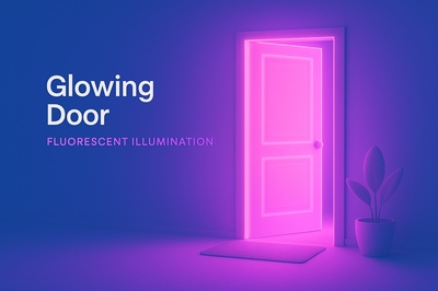 Glowing Door with Fluorescent Illumination in a Blue Scene