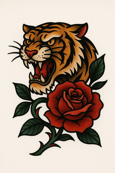 Traditional Tattoo Design Featuring a Roaring Tiger and Rose