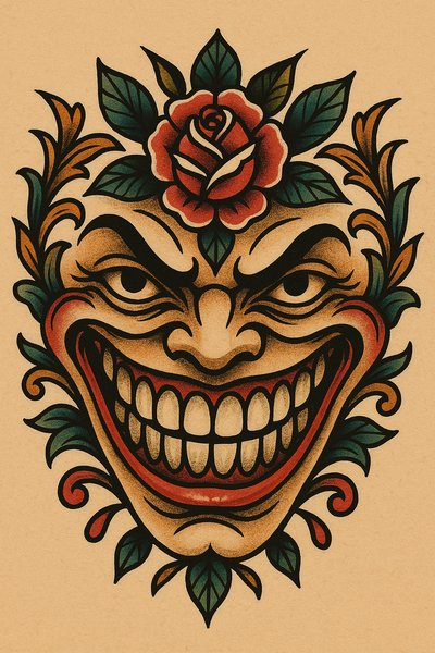 Vibrant Tattoo Design Featuring a Smiling Mask and Floral Elements