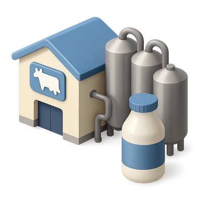 3D Dairy Factory Icon with Milk Bottle