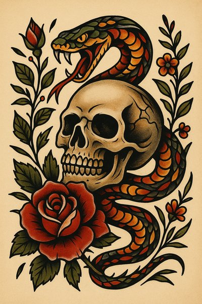 Artistic tattoo design featuring a snake and skull