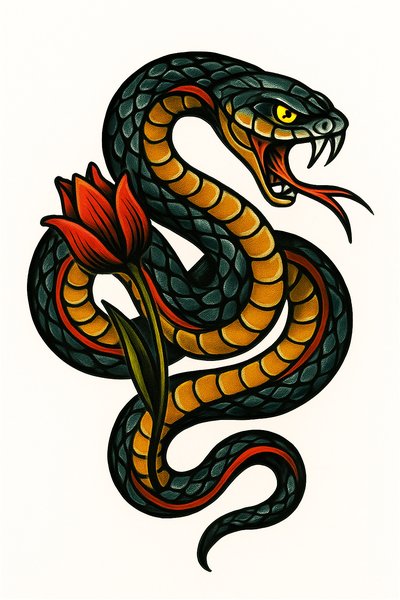 Vibrant Snake and Flower Tattoo Design