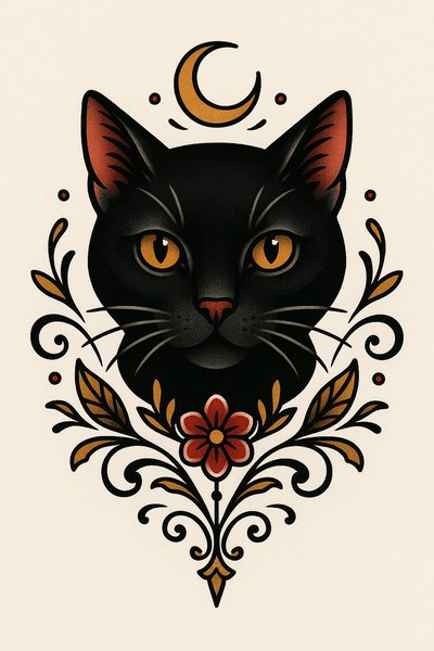Stylized Black Cat Illustration with Floral Elements