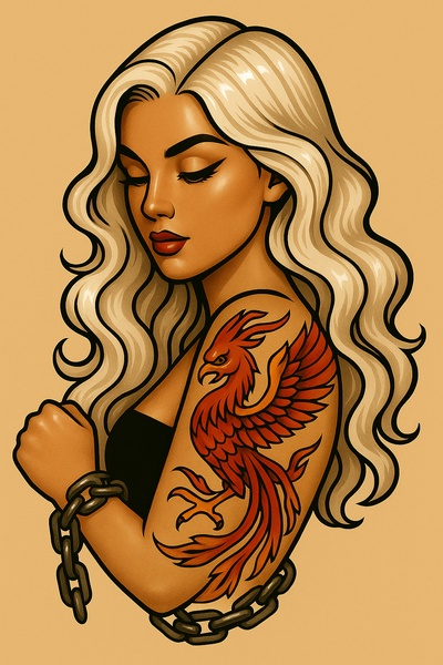 Stylized Woman with Phoenix Tattoo and Chains