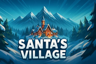 Santa's Village Surrounded by Snowy Mountains and Christmas Trees