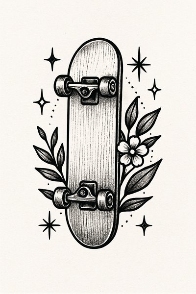 Artistic Skateboard Illustration with Floral Elements