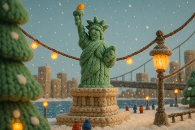 Knitted Winter Liberty: A Cozy Scene of NYC