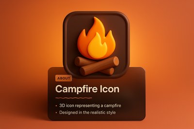 Realistic 3D Campfire Icon with Text Overlay
