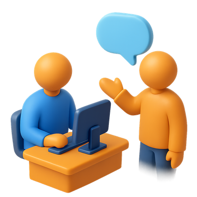 3D Icon of People Engaging in Conversation at a Computer