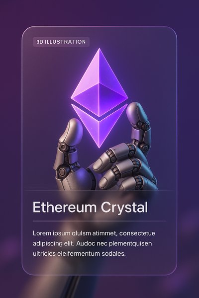 Robotic Hand Holding Glowing Ethereum Crystal in 3D Illustration