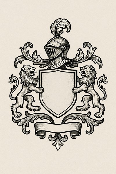 Vintage heraldic emblem with lions and knight's helmet