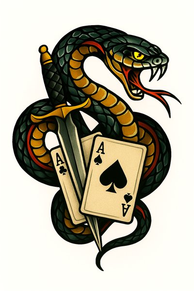 Illustration of a Snake with Playing Cards and a Sword