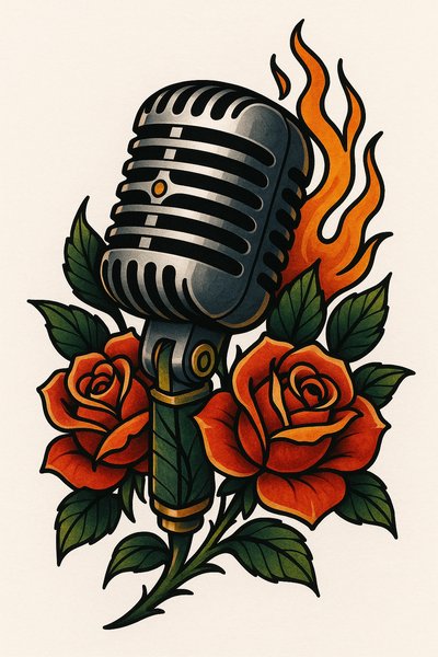 Retro Microphone Illustration with Roses and Flames