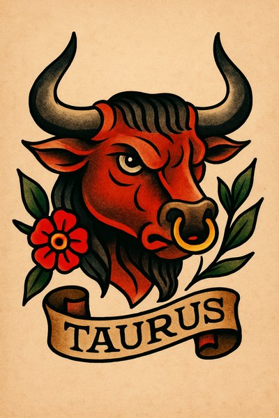Vintage Taurus Bull Illustration with Floral Elements